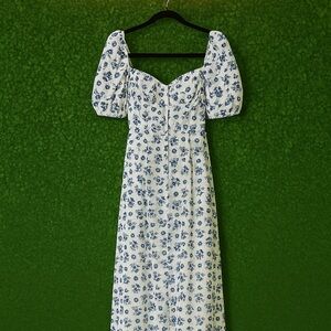 Floral Puff Sleeve Dress - Blue and White